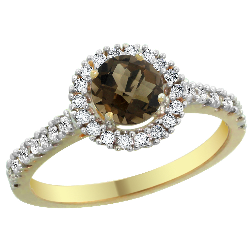 14K Yellow Gold Diamond Halo Natural Smoky Topaz Ring Round 6mm, sizes 5 - 10