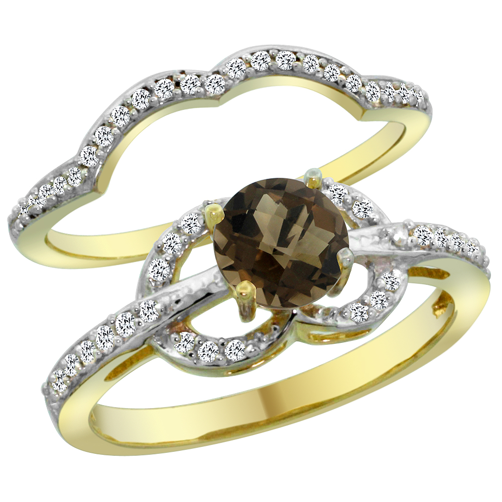 14K Yellow Gold Natural Smoky Topaz 2-piece Engagement Ring Set Round 6mm, sizes 5 - 10