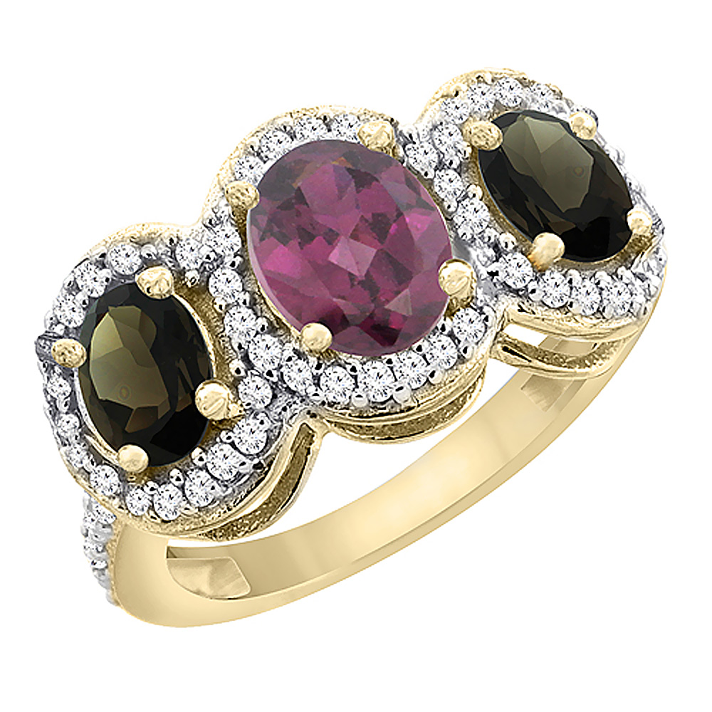 10K Yellow Gold Natural Rhodolite &amp; Smoky Topaz 3-Stone Ring Oval Diamond Accent, sizes 5 - 10