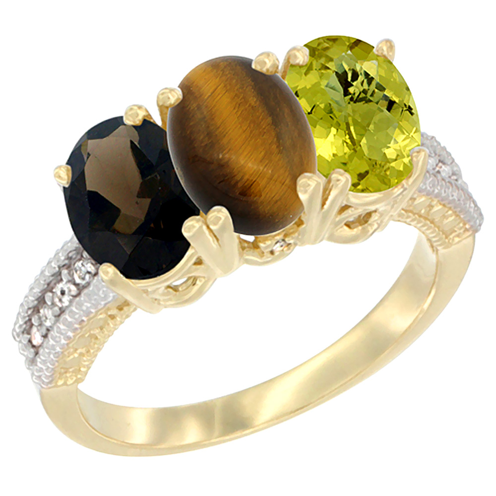 14K Yellow Gold Natural Smoky Topaz, Tiger Eye & Lemon Quartz Ring 3-Stone 7x5 mm Oval Diamond Accent, sizes 5 - 10