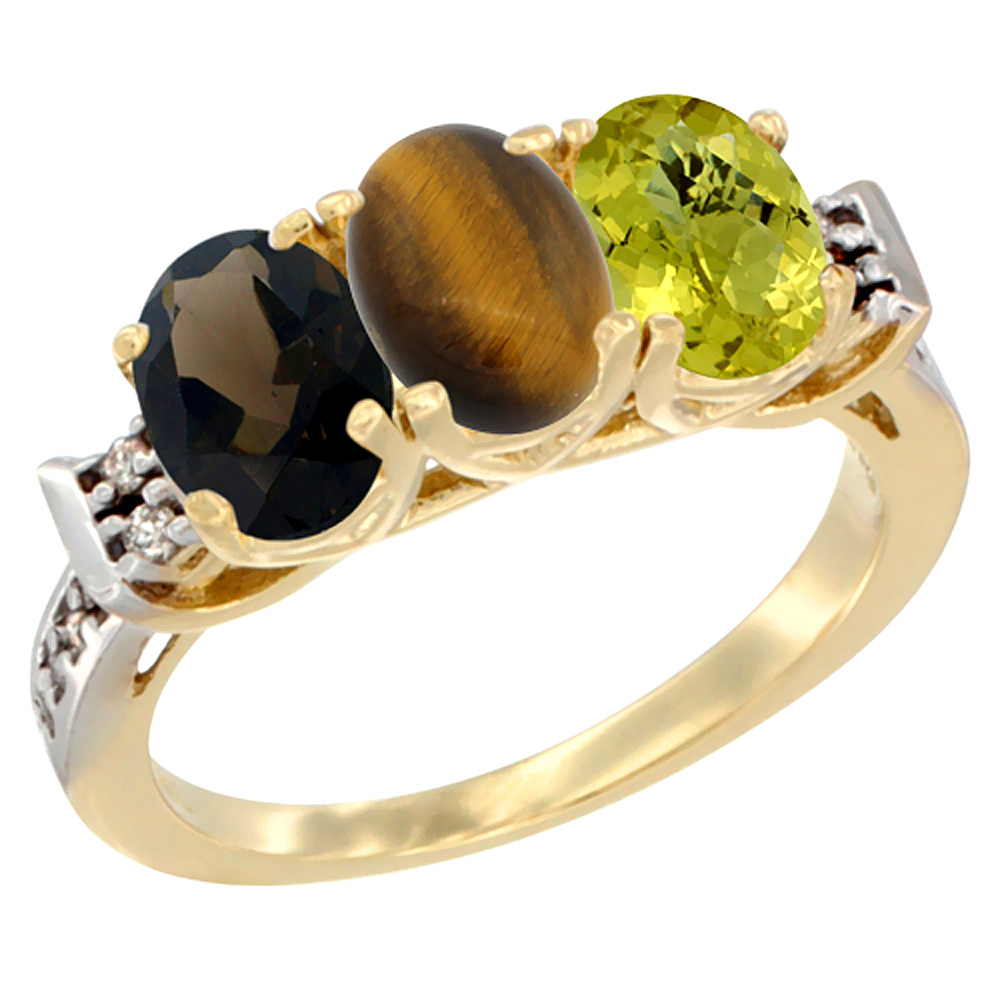 10K Yellow Gold Natural Smoky Topaz, Tiger Eye & Lemon Quartz Ring 3-Stone Oval 7x5 mm Diamond Accent, sizes 5 - 10