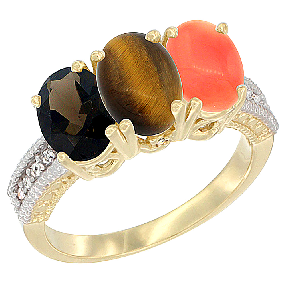 10K Yellow Gold Diamond Natural Smoky Topaz, Tiger Eye & Coral Ring 3-Stone 7x5 mm Oval, sizes 5 - 10