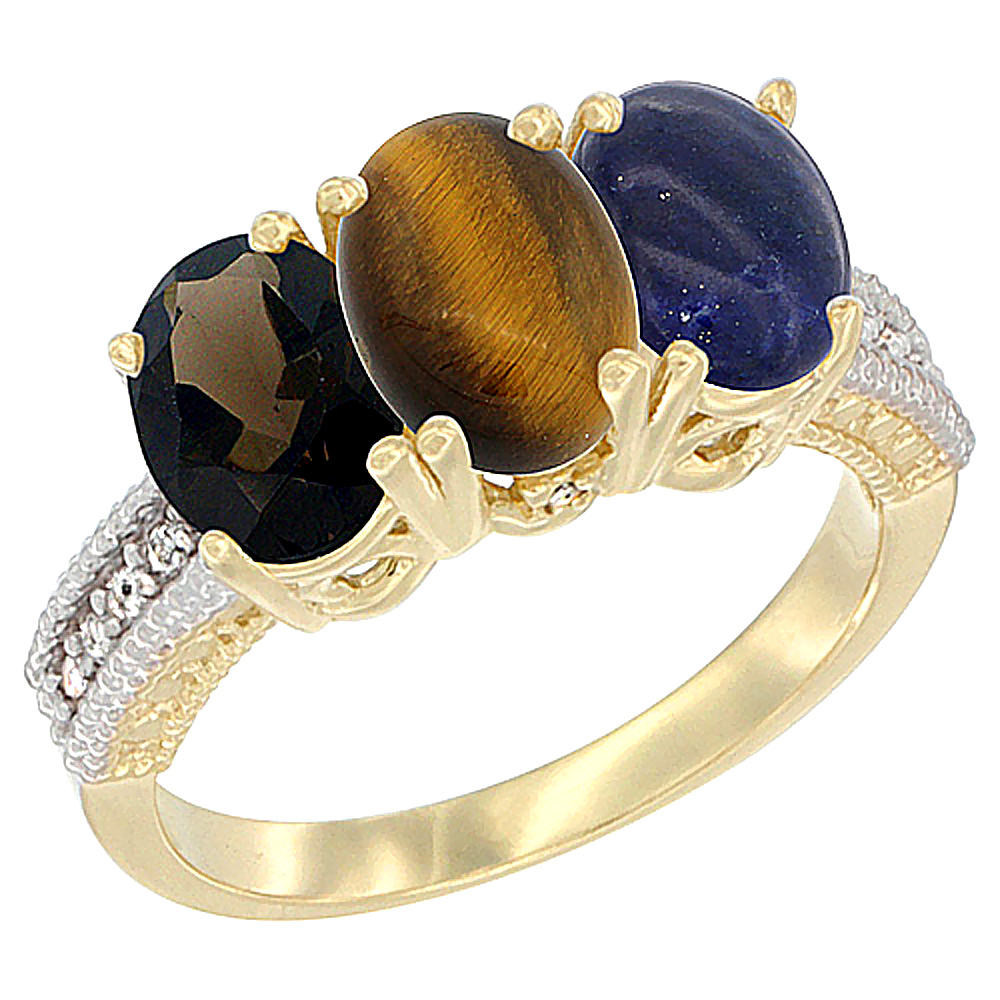 14K Yellow Gold Natural Smoky Topaz, Tiger Eye & Lapis Ring 3-Stone 7x5 mm Oval Diamond Accent, sizes 5 - 10