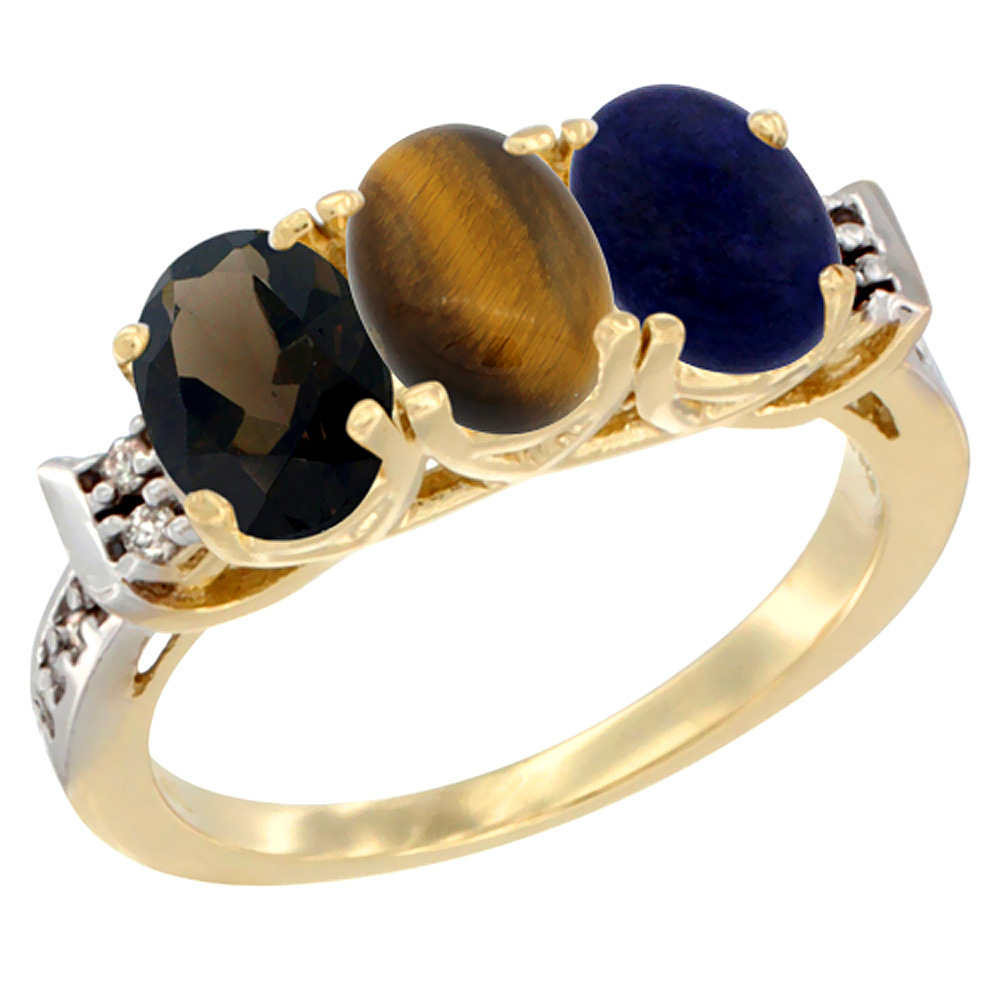 10K Yellow Gold Natural Smoky Topaz, Tiger Eye & Lapis Ring 3-Stone Oval 7x5 mm Diamond Accent, sizes 5 - 10