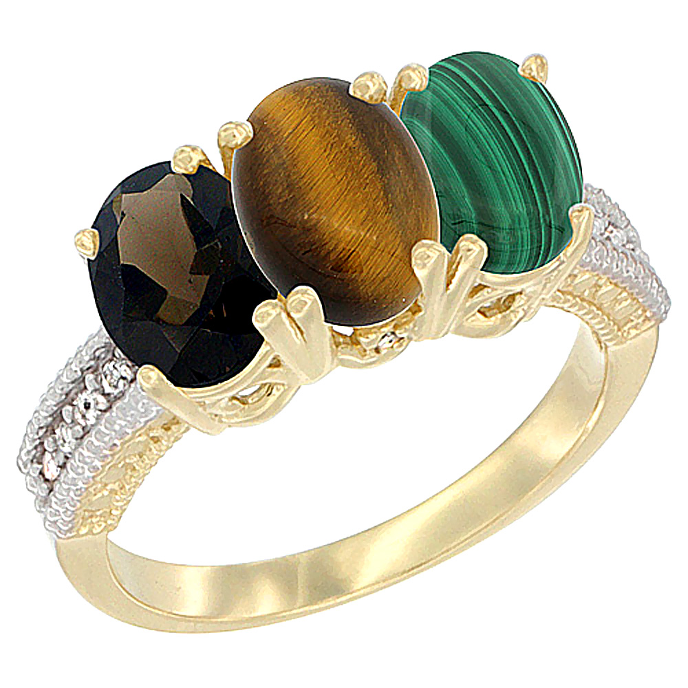 14K Yellow Gold Natural Smoky Topaz, Tiger Eye &amp; Malachite Ring 3-Stone 7x5 mm Oval Diamond Accent, sizes 5 - 10