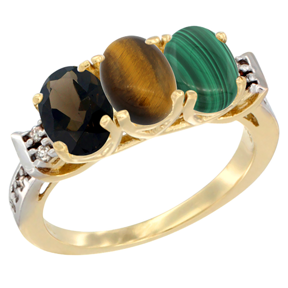 14K Yellow Gold Natural Smoky Topaz, Tiger Eye & Malachite Ring 3-Stone Oval 7x5 mm Diamond Accent, sizes 5 - 10