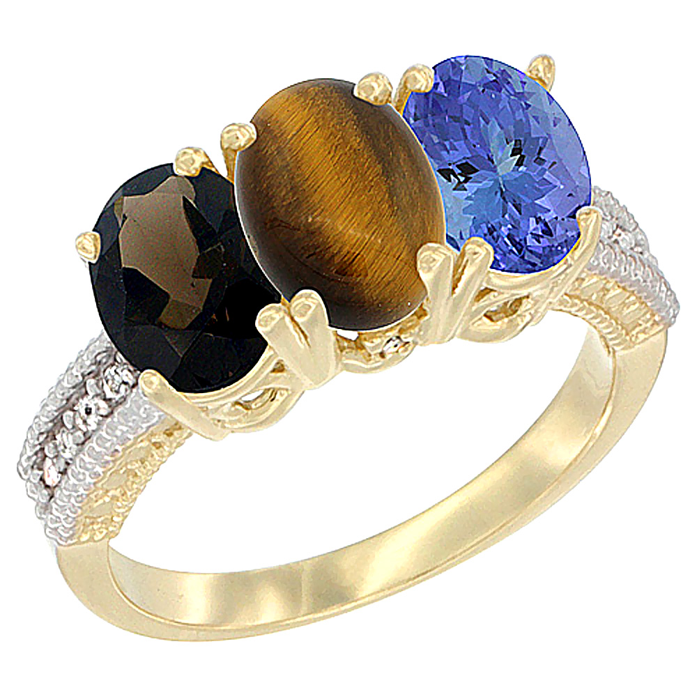 10K Yellow Gold Diamond Natural Smoky Topaz, Tiger Eye & Tanzanite Ring 3-Stone 7x5 mm Oval, sizes 5 - 10