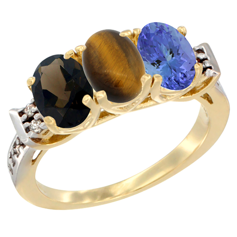 14K Yellow Gold Natural Smoky Topaz, Tiger Eye & Tanzanite Ring 3-Stone Oval 7x5 mm Diamond Accent, sizes 5 - 10