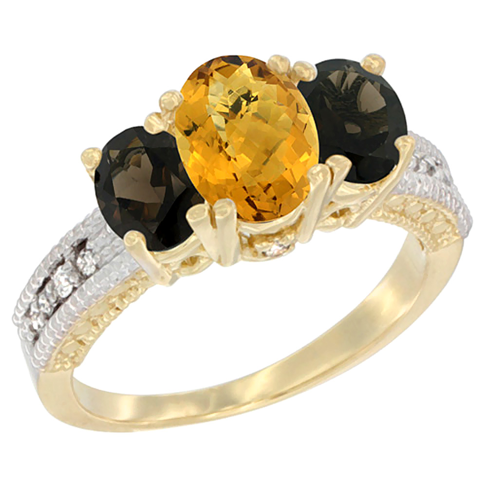 14K Yellow Gold Diamond Natural Whisky Quartz Ring Oval 3-stone with Smoky Topaz, sizes 5 - 10