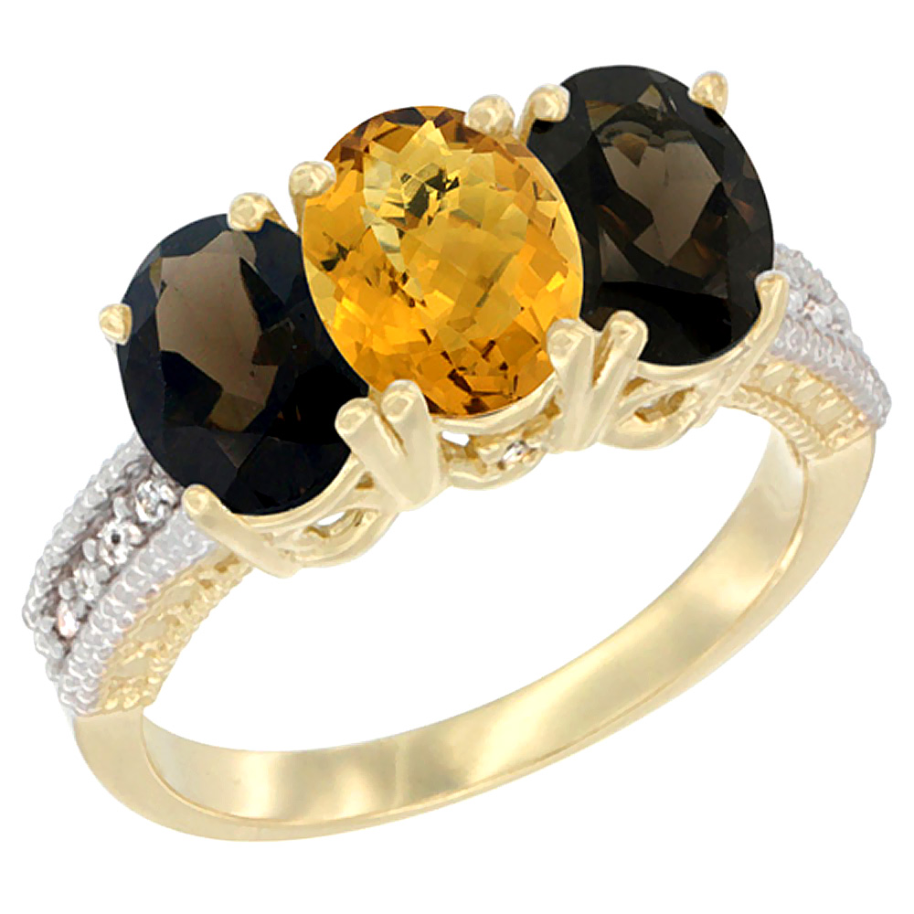 10K Yellow Gold Diamond Natural Whisky Quartz & Smoky Topaz Ring 3-Stone 7x5 mm Oval, sizes 5 - 10