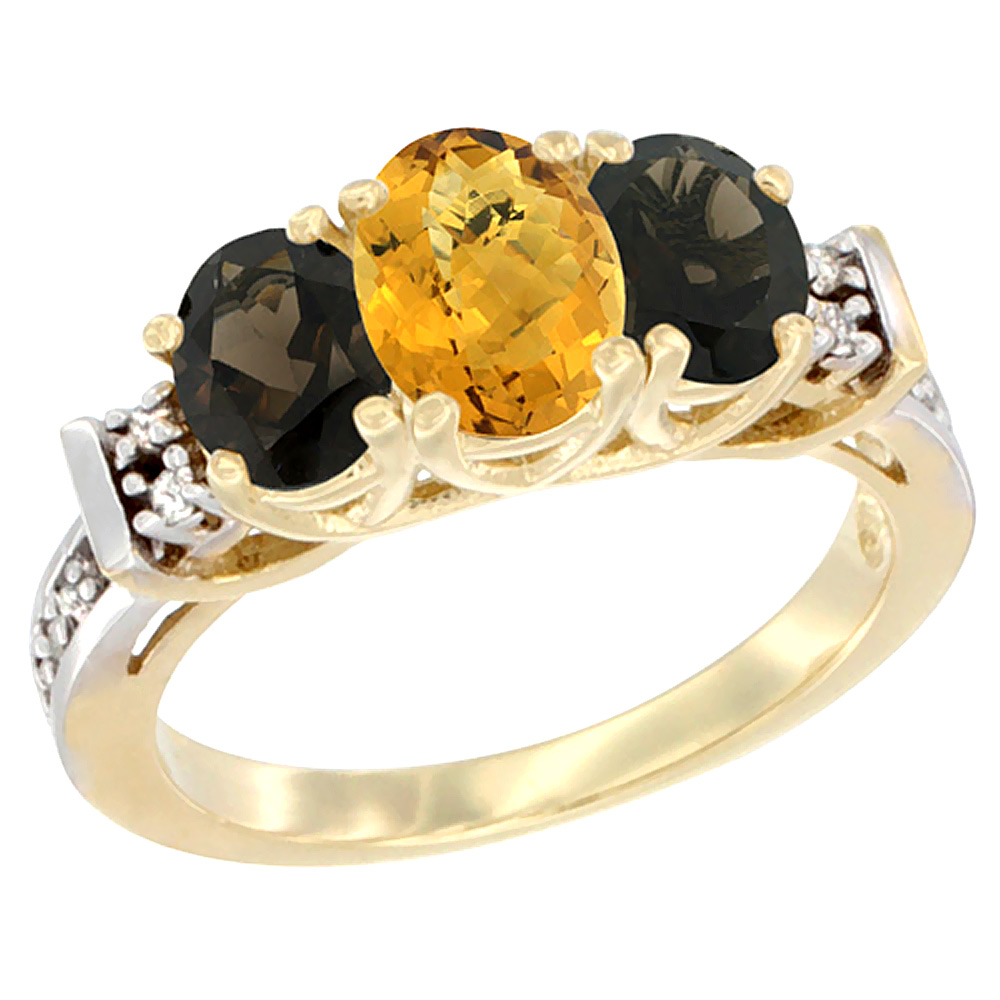 14K Yellow Gold Natural Whisky Quartz & Smoky Topaz Ring 3-Stone Oval Diamond Accent