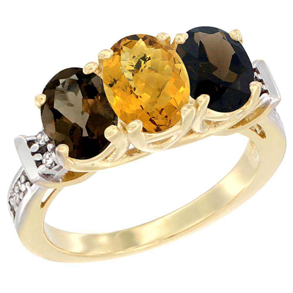 10K Yellow Gold Natural Whisky Quartz & Smoky Topaz Sides Ring 3-Stone Oval Diamond Accent, sizes 5 - 10