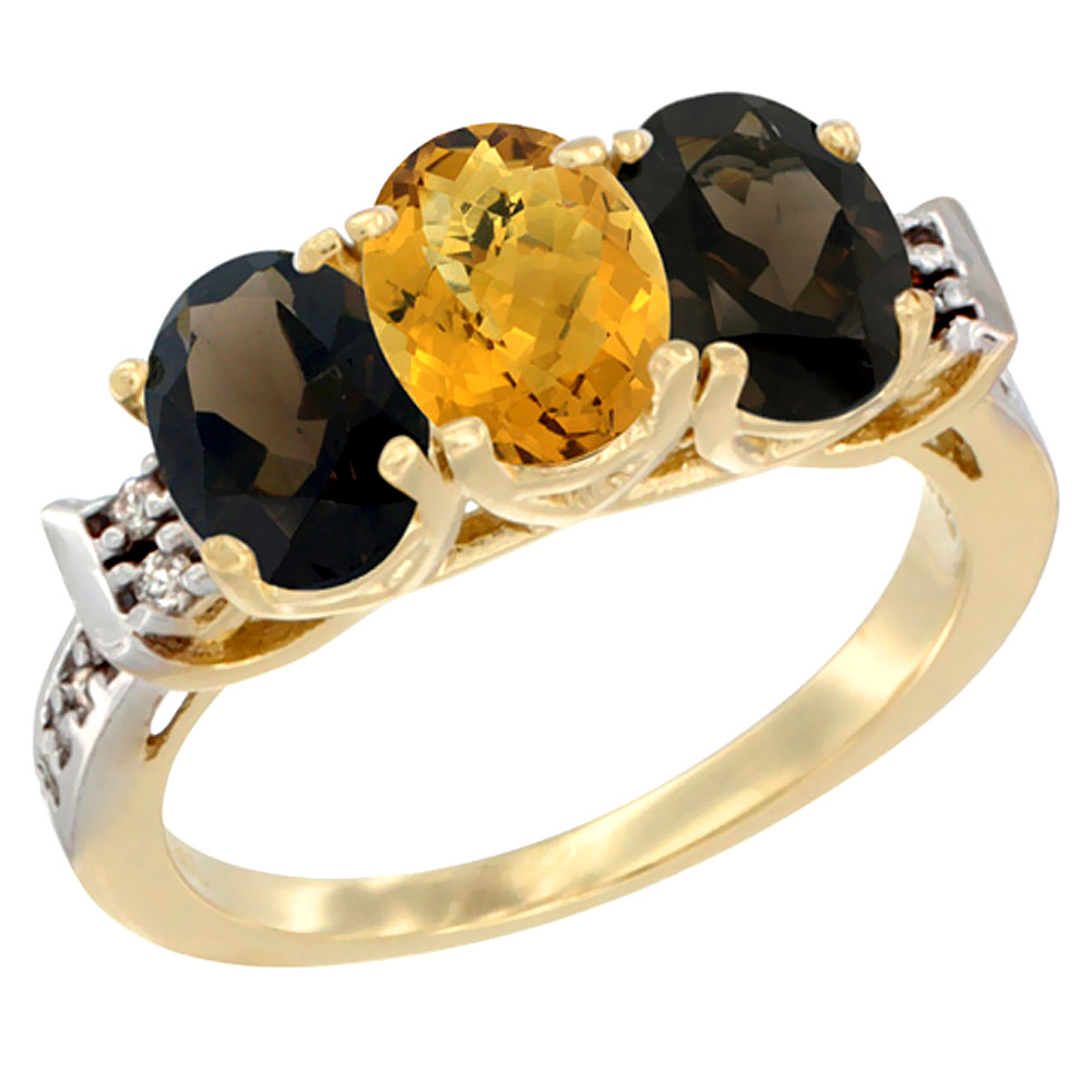 10K Yellow Gold Natural Whisky Quartz & Smoky Topaz Sides Ring 3-Stone Oval 7x5 mm Diamond Accent, sizes 5 - 10