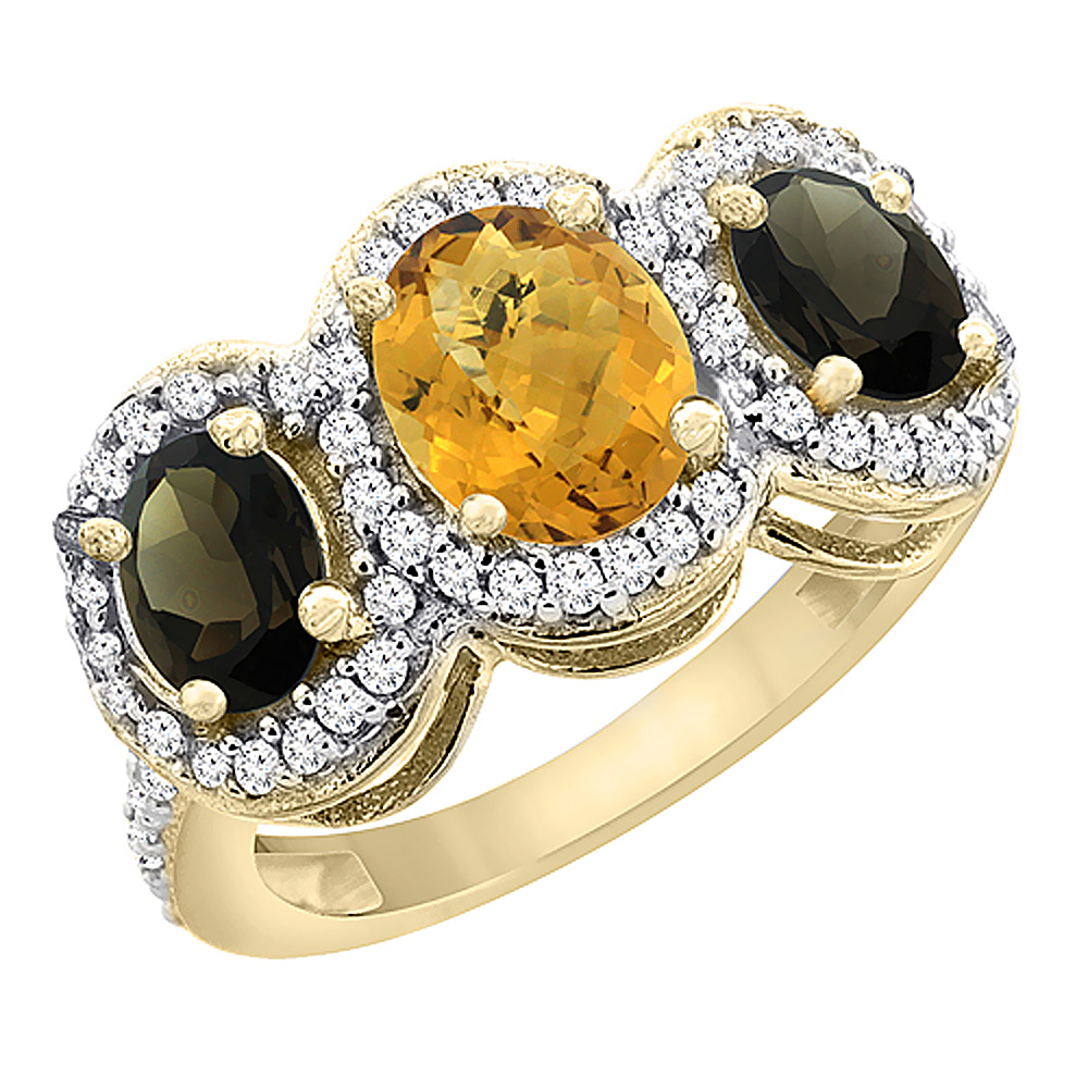 10K Yellow Gold Natural Whisky Quartz &amp; Smoky Topaz 3-Stone Ring Oval Diamond Accent, sizes 5 - 10