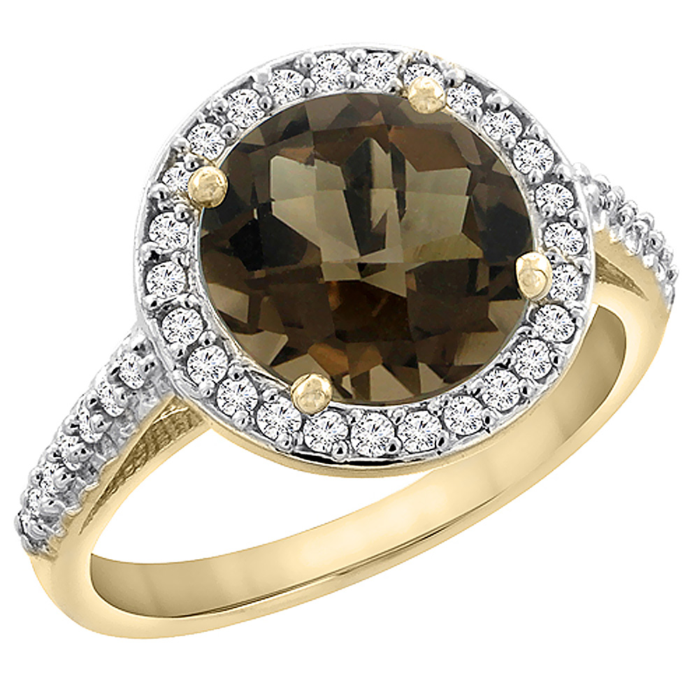 10K Yellow Gold Natural Smoky Topaz Ring Round 8mm Diamond Halo, sizes 5 to 10