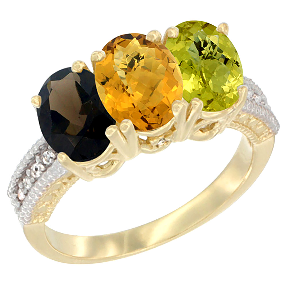 10K Yellow Gold Diamond Natural Smoky Topaz, Whisky Quartz & Lemon Quartz Ring 3-Stone 7x5 mm Oval, sizes 5 - 10