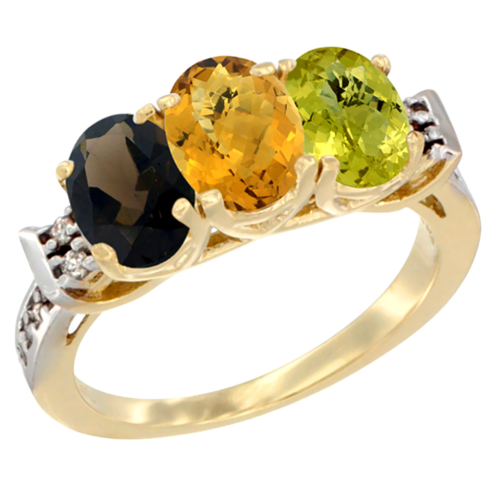 14K Yellow Gold Natural Smoky Topaz, Whisky Quartz & Lemon Quartz Ring 3-Stone Oval 7x5 mm Diamond Accent, sizes 5 - 10