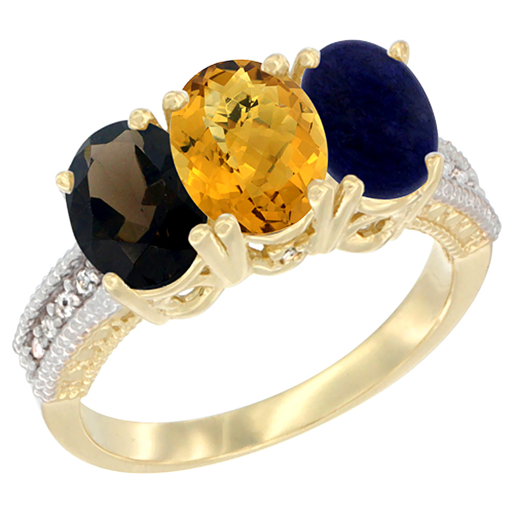 14K Yellow Gold Natural Smoky Topaz, Whisky Quartz & Lapis Ring 3-Stone 7x5 mm Oval Diamond Accent, sizes 5 - 10