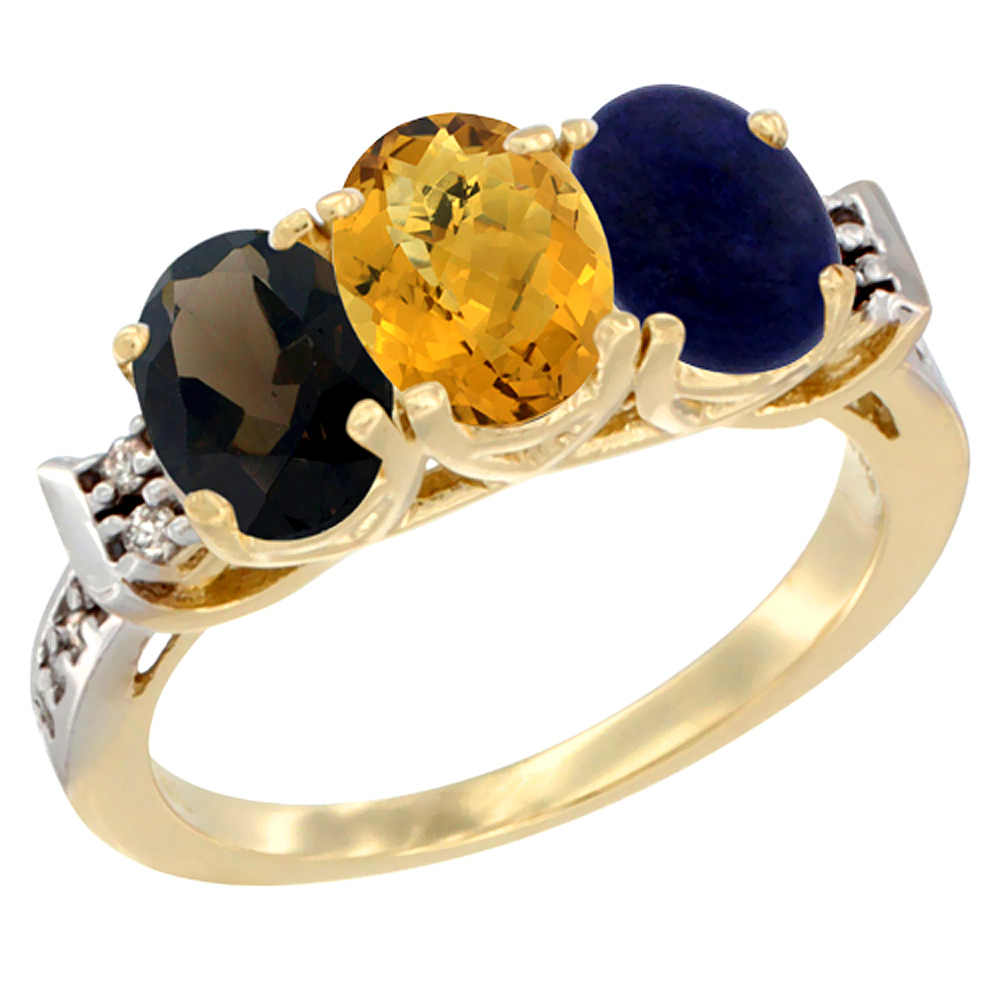 10K Yellow Gold Natural Smoky Topaz, Whisky Quartz & Lapis Ring 3-Stone Oval 7x5 mm Diamond Accent, sizes 5 - 10