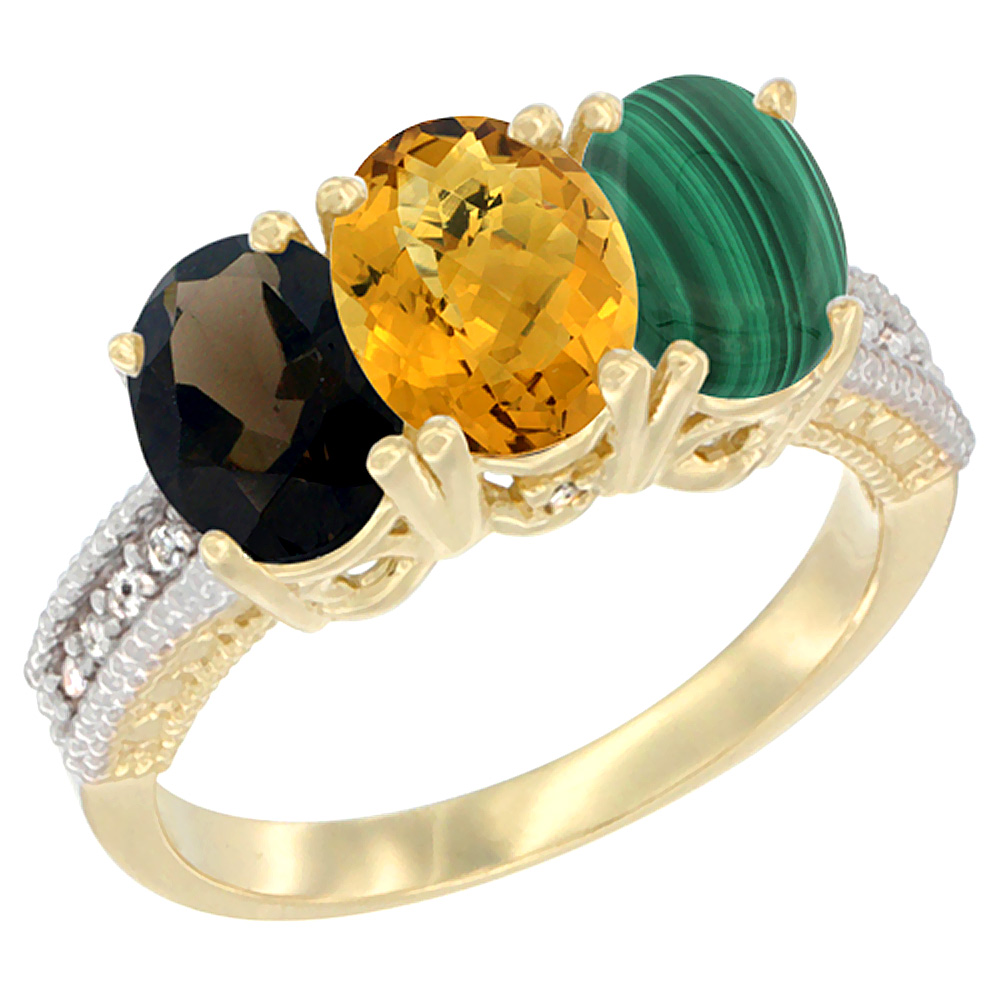 14K Yellow Gold Natural Smoky Topaz, Whisky Quartz & Malachite Ring 3-Stone 7x5 mm Oval Diamond Accent, sizes 5 - 10