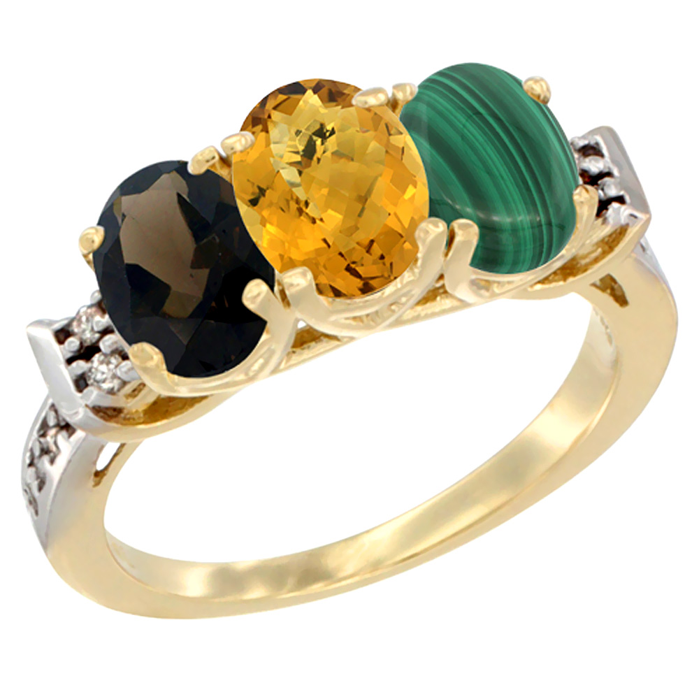 10K Yellow Gold Natural Smoky Topaz, Whisky Quartz & Malachite Ring 3-Stone Oval 7x5 mm Diamond Accent, sizes 5 - 10