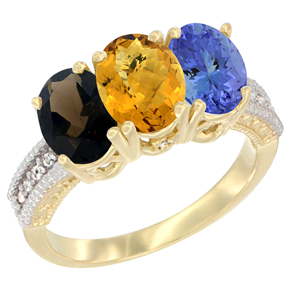 14K Yellow Gold Natural Smoky Topaz, Whisky Quartz & Tanzanite Ring 3-Stone 7x5 mm Oval Diamond Accent, sizes 5 - 10