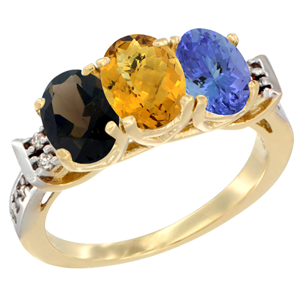 10K Yellow Gold Natural Smoky Topaz, Whisky Quartz & Tanzanite Ring 3-Stone Oval 7x5 mm Diamond Accent, sizes 5 - 10