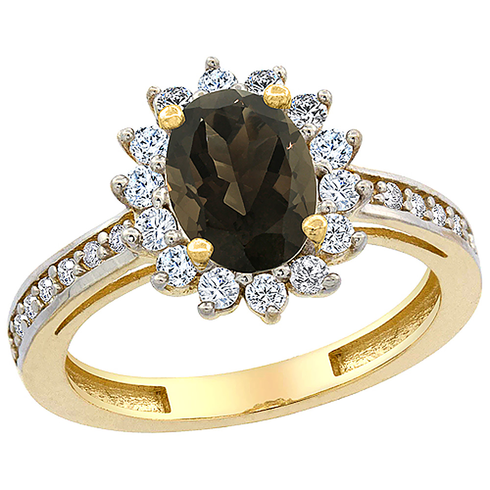 10K Yellow Gold Natural Smoky Topaz Floral Halo Ring Oval 8x6mm Diamond Accents, sizes 5 - 10