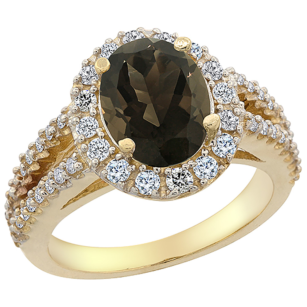 14K Yellow Gold Diamond Natural Smoky Topaz Engagement Ring Oval 10x8mm, sizes 5-10