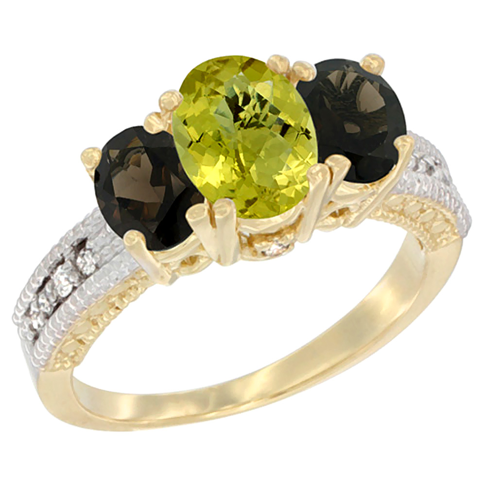 10K Yellow Gold Diamond Natural Lemon Quartz Ring Oval 3-stone with Smoky Topaz, sizes 5 - 10