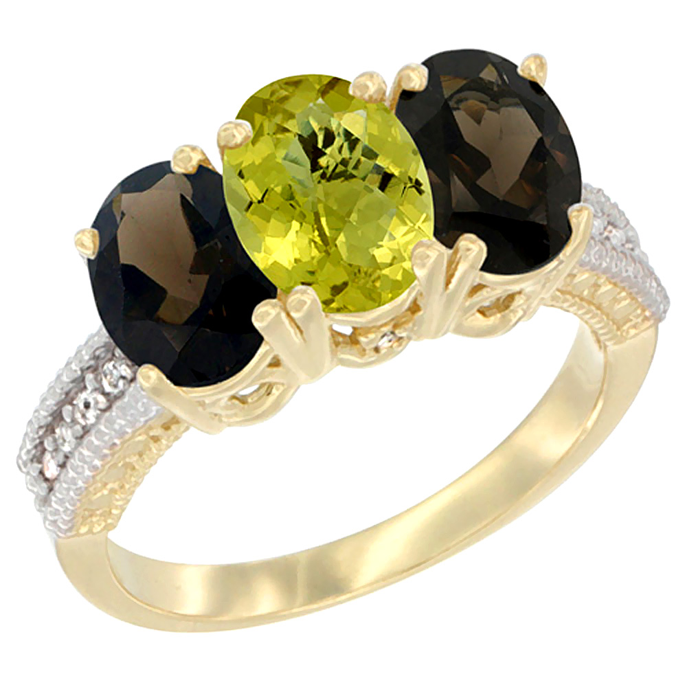 10K Yellow Gold Diamond Natural Lemon Quartz &amp; Smoky Topaz Ring 3-Stone 7x5 mm Oval, sizes 5 - 10