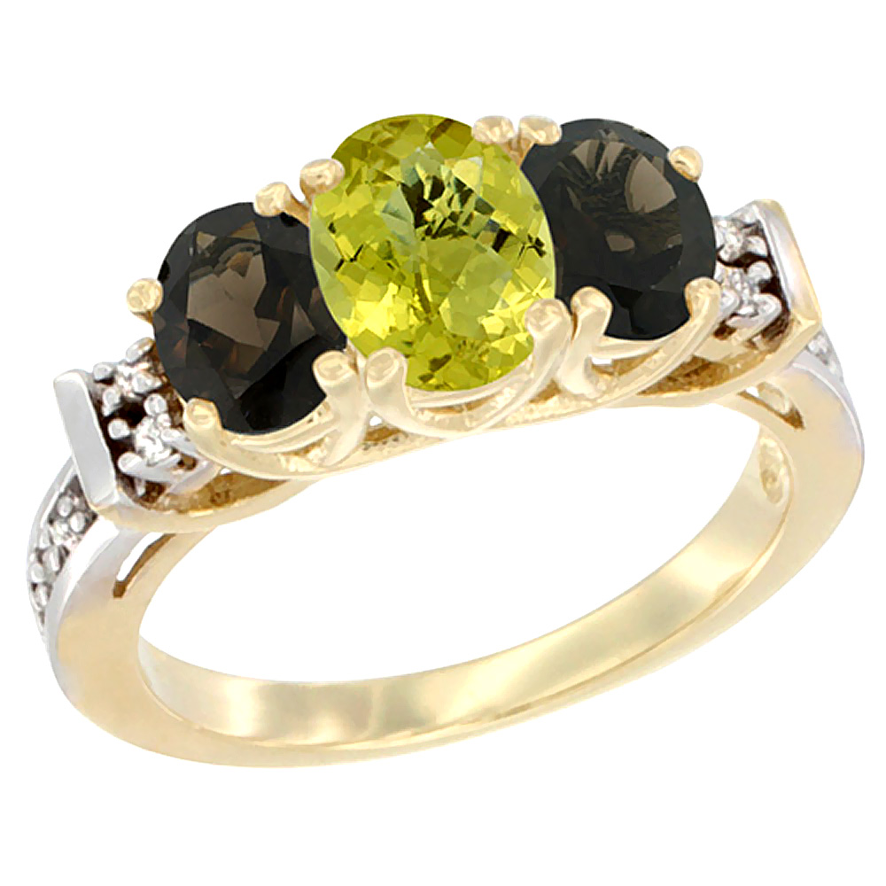 14K Yellow Gold Natural Lemon Quartz & Smoky Topaz Ring 3-Stone Oval Diamond Accent