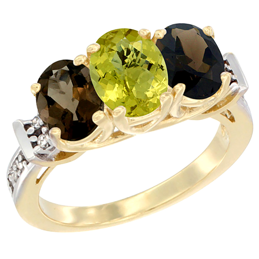 14K Yellow Gold Natural Lemon Quartz & Smoky Topaz Sides Ring 3-Stone Oval Diamond Accent, sizes 5 - 10