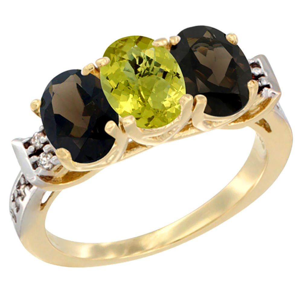 14K Yellow Gold Natural Lemon Quartz &amp; Smoky Topaz Sides Ring 3-Stone Oval 7x5 mm Diamond Accent, sizes 5 - 10