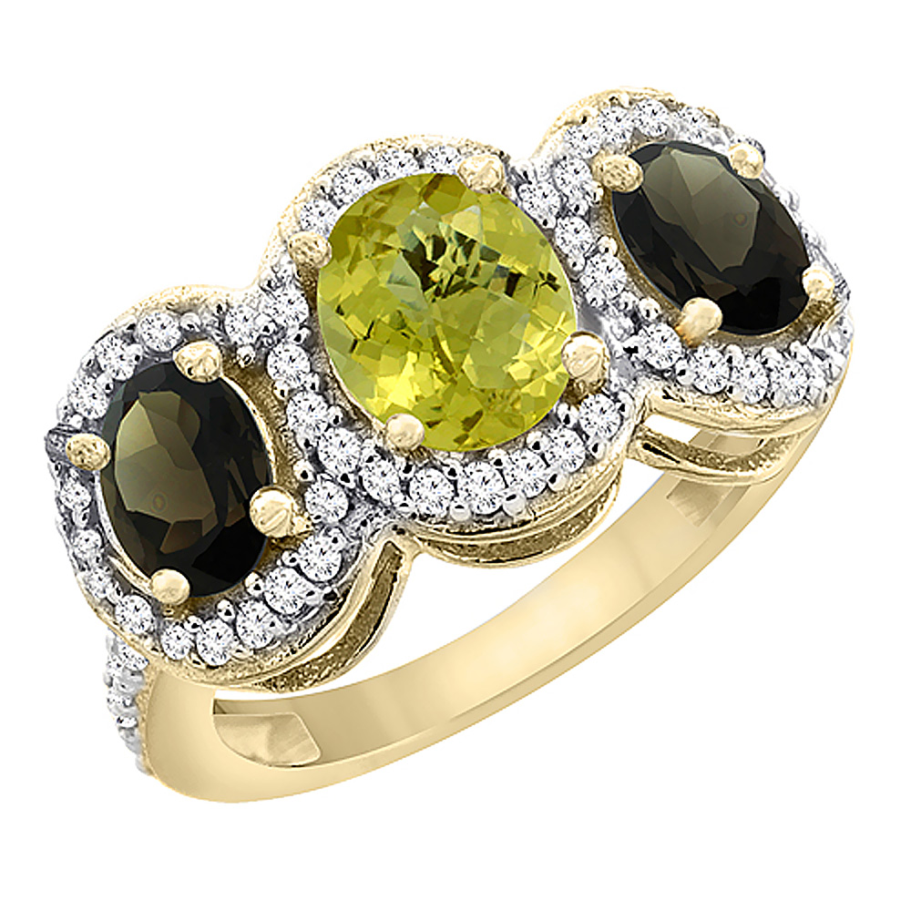 14K Yellow Gold Natural Lemon Quartz & Smoky Topaz 3-Stone Ring Oval Diamond Accent, sizes 5 - 10