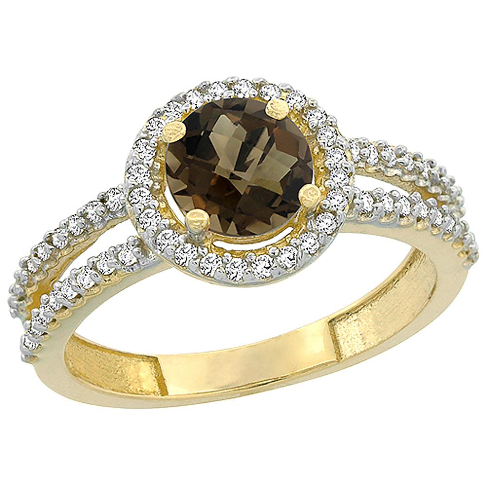 14K Yellow Gold Natural Smoky Topaz Diamond Halo Ring Round 6mm, sizes 5 - 10