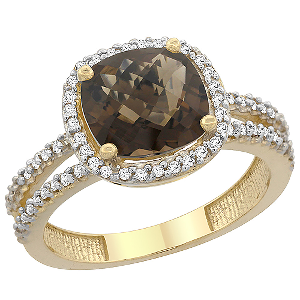 14K Yellow Gold Natural Smoky Topaz Ring Cushion-cut 8x8 mm 2-row Diamond Accents, sizes 5 - 10