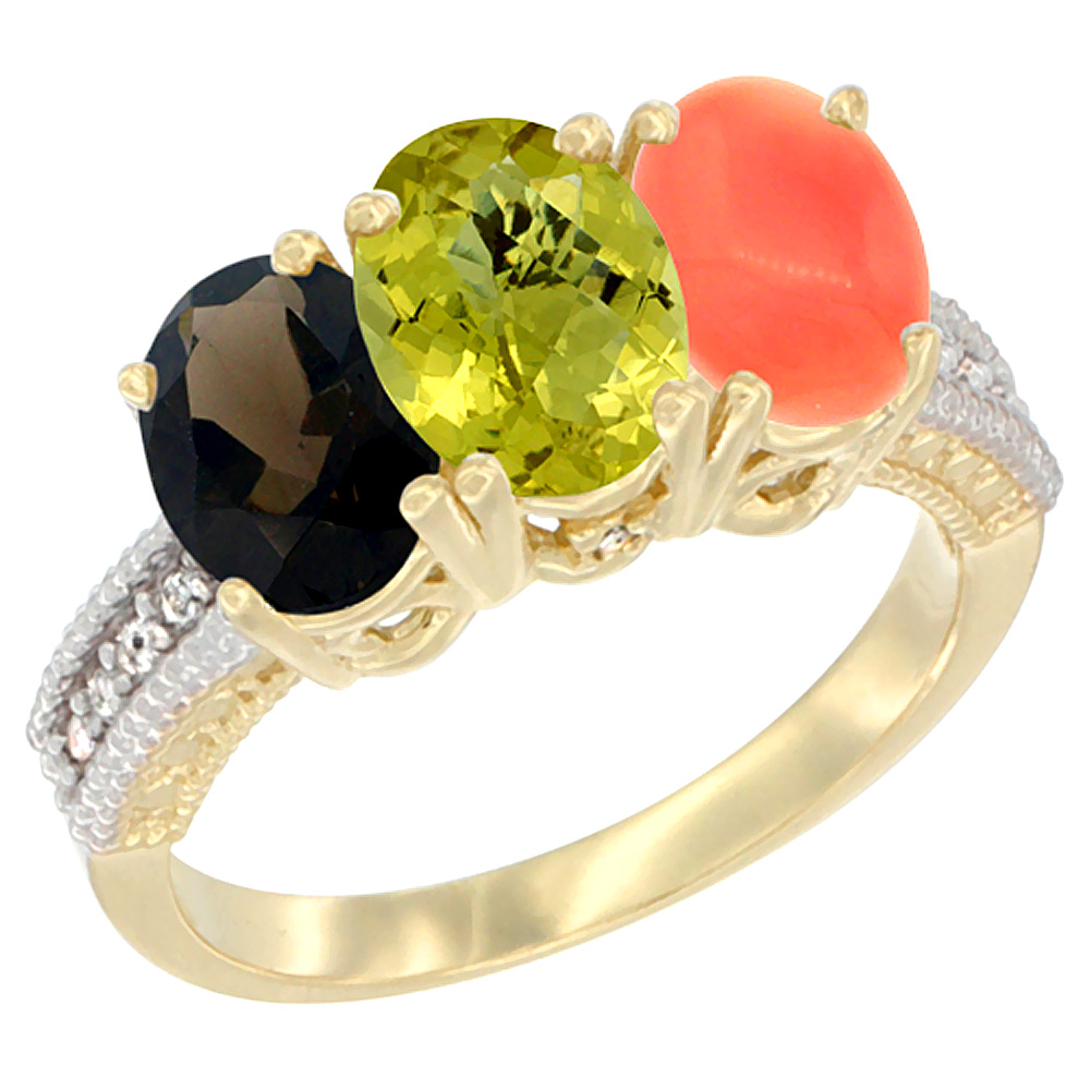 10K Yellow Gold Diamond Natural Smoky Topaz, Lemon Quartz & Coral Ring 3-Stone 7x5 mm Oval, sizes 5 - 10