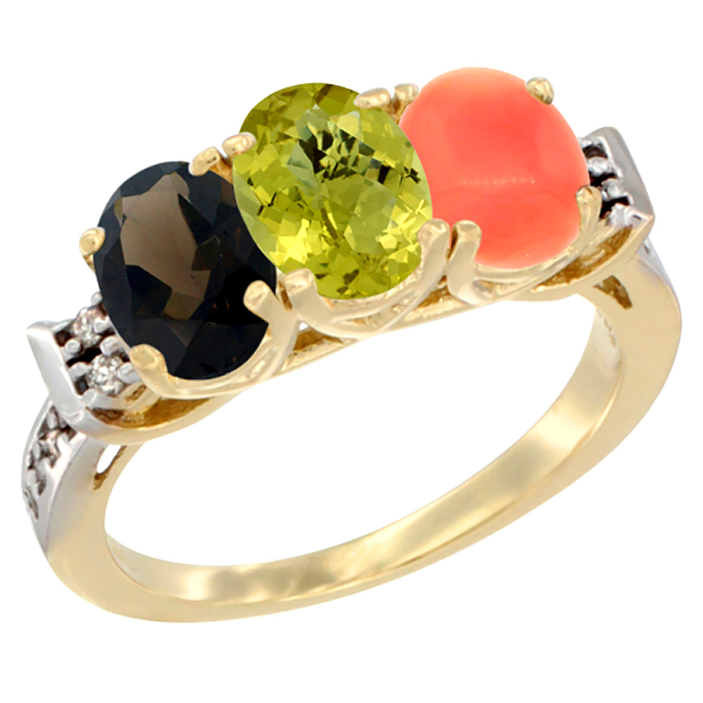 10K Yellow Gold Natural Smoky Topaz, Lemon Quartz & Coral Ring 3-Stone Oval 7x5 mm Diamond Accent, sizes 5 - 10