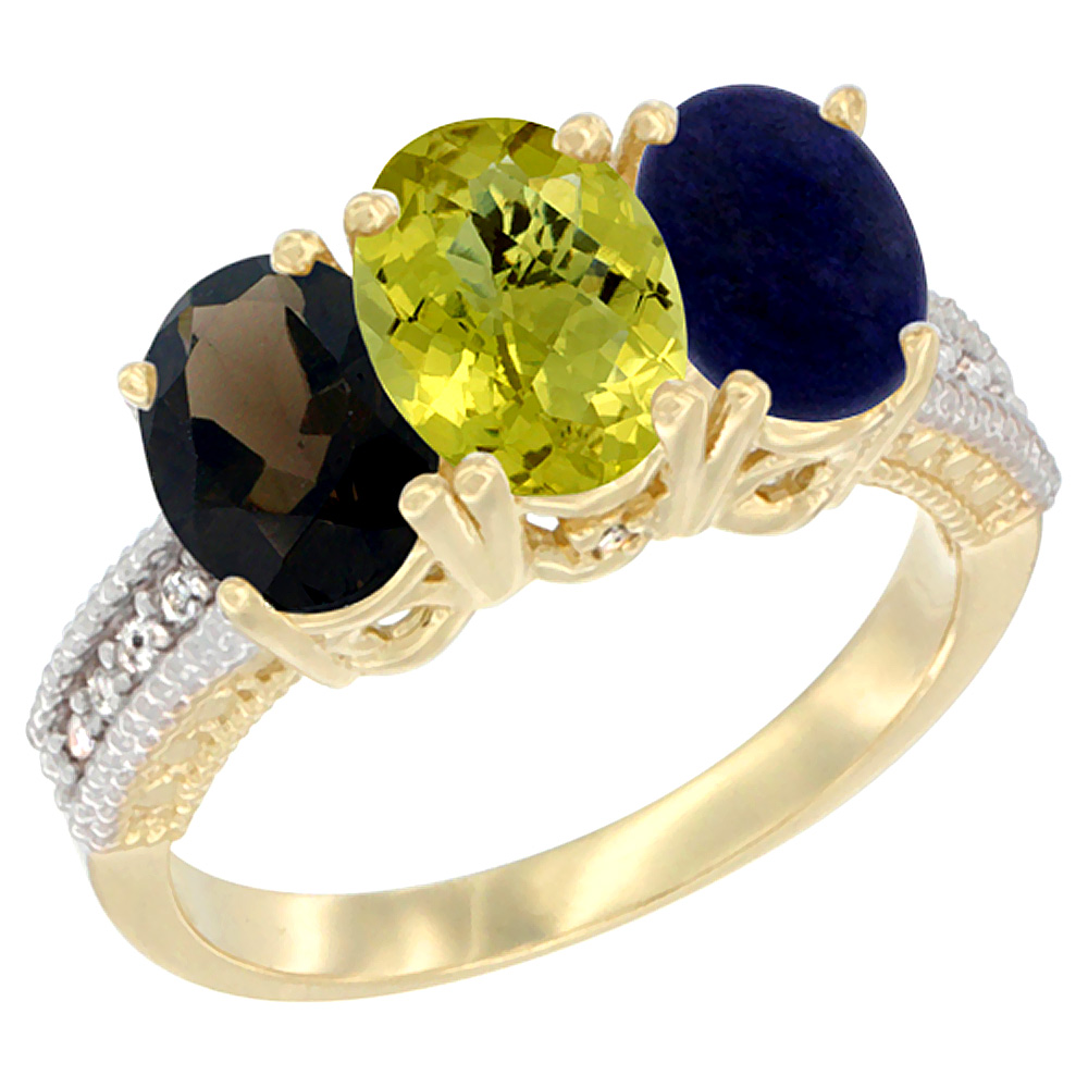 10K Yellow Gold Diamond Natural Smoky Topaz, Lemon Quartz & Lapis Ring 3-Stone 7x5 mm Oval, sizes 5 - 10