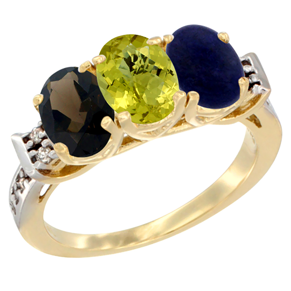 14K Yellow Gold Natural Smoky Topaz, Lemon Quartz &amp; Lapis Ring 3-Stone Oval 7x5 mm Diamond Accent, sizes 5 - 10