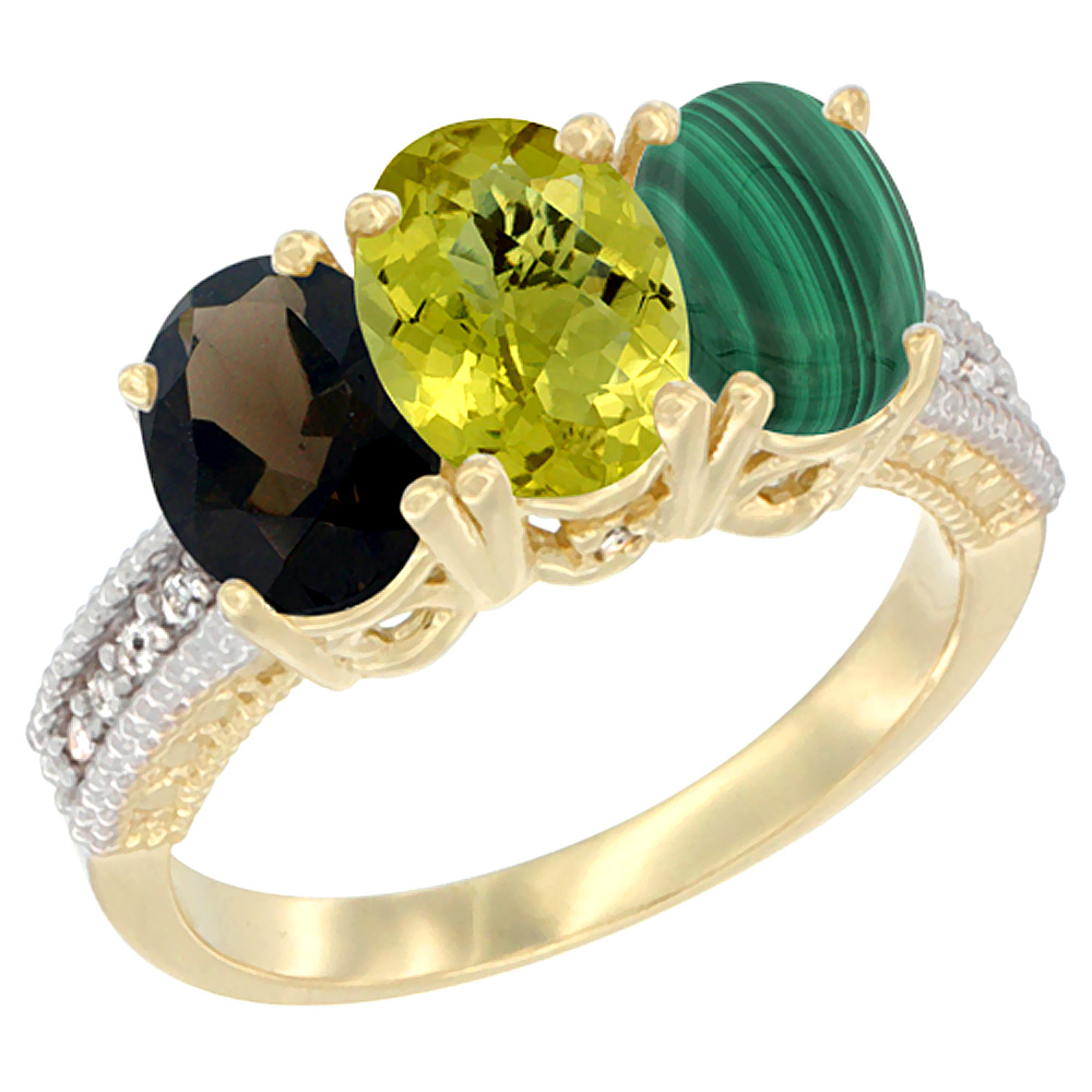 14K Yellow Gold Natural Smoky Topaz, Lemon Quartz &amp; Malachite Ring 3-Stone 7x5 mm Oval Diamond Accent, sizes 5 - 10