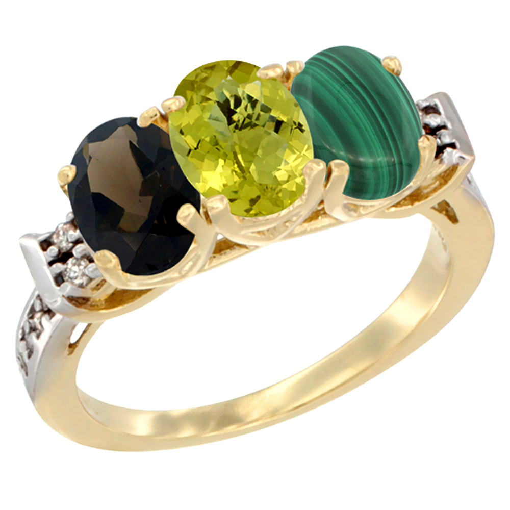 10K Yellow Gold Natural Smoky Topaz, Lemon Quartz &amp; Malachite Ring 3-Stone Oval 7x5 mm Diamond Accent, sizes 5 - 10