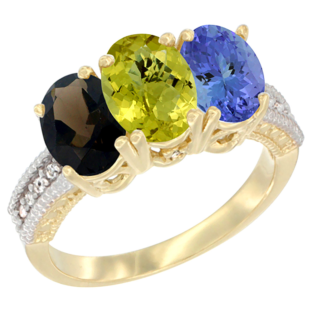 14K Yellow Gold Natural Smoky Topaz, Lemon Quartz &amp; Tanzanite Ring 3-Stone 7x5 mm Oval Diamond Accent, sizes 5 - 10