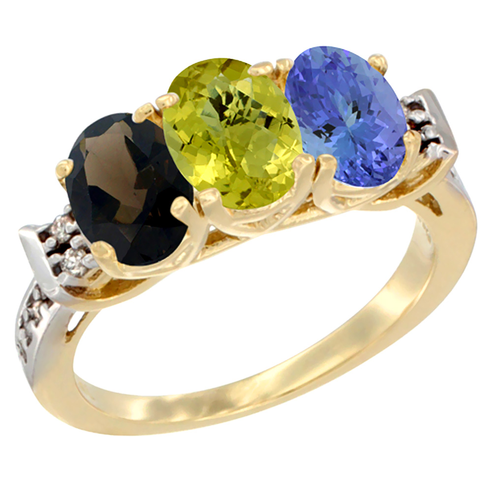 14K Yellow Gold Natural Smoky Topaz, Lemon Quartz & Tanzanite Ring 3-Stone Oval 7x5 mm Diamond Accent, sizes 5 - 10