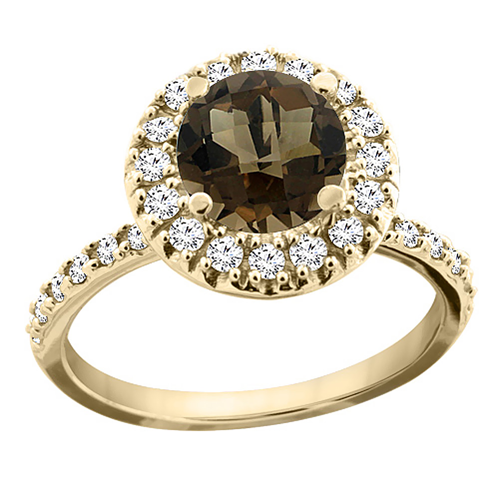 10K Yellow Gold Natural Smoky Topaz Ring Round 8mm Floating Halo Diamond, sizes 5 - 10