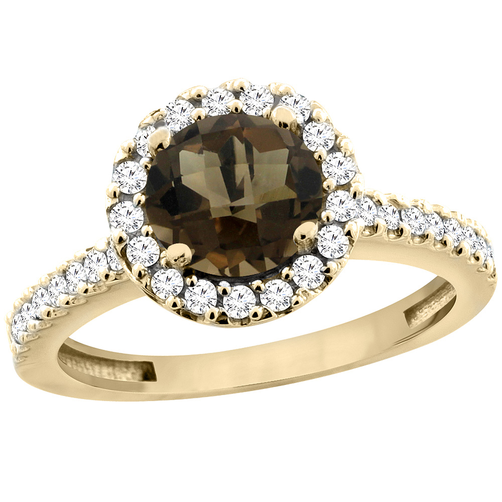 10K Yellow Gold Natural Smoky Topaz Ring Round 6mm Floating Halo Diamond, sizes 5 - 10