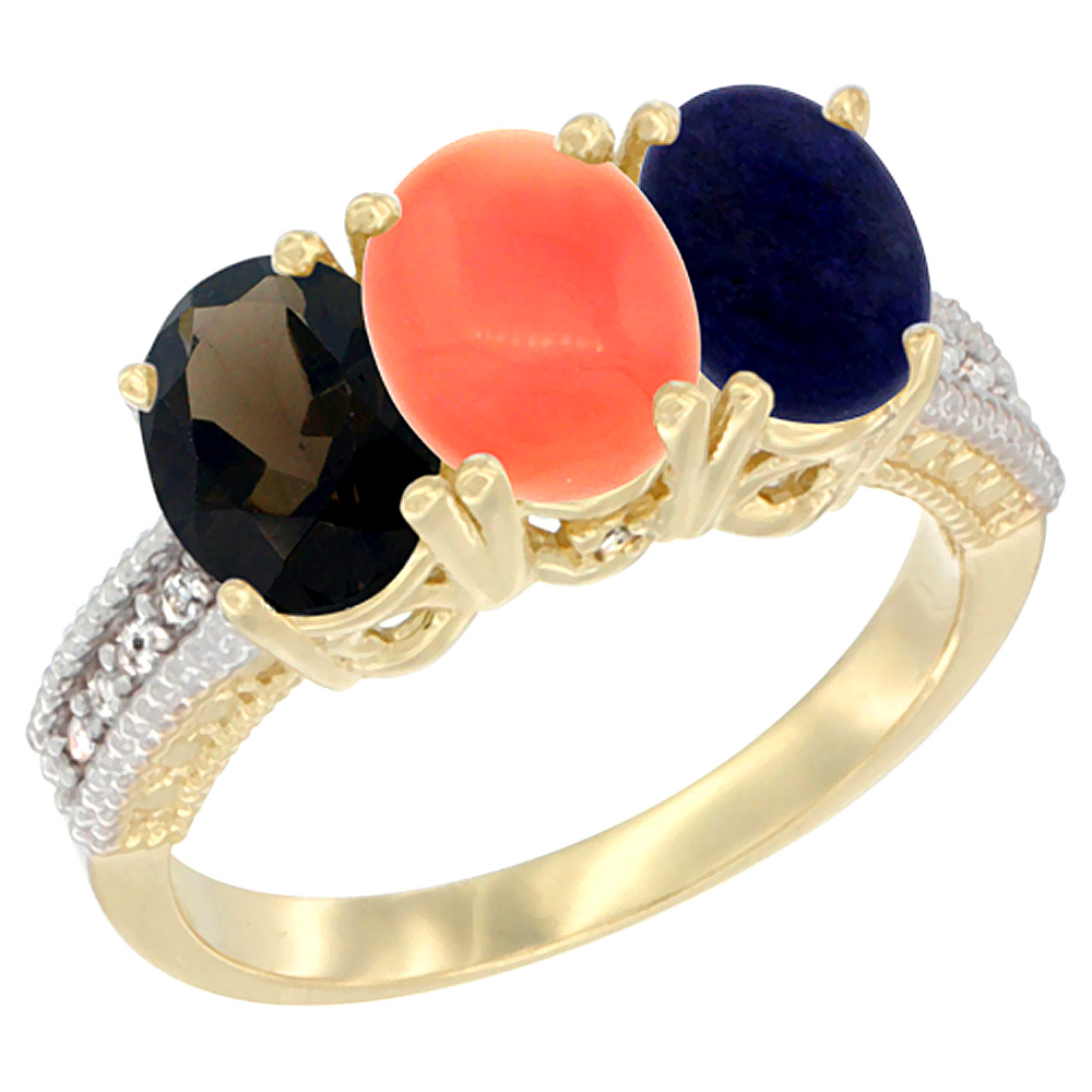 10K Yellow Gold Diamond Natural Smoky Topaz, Coral & Lapis Ring 3-Stone 7x5 mm Oval, sizes 5 - 10