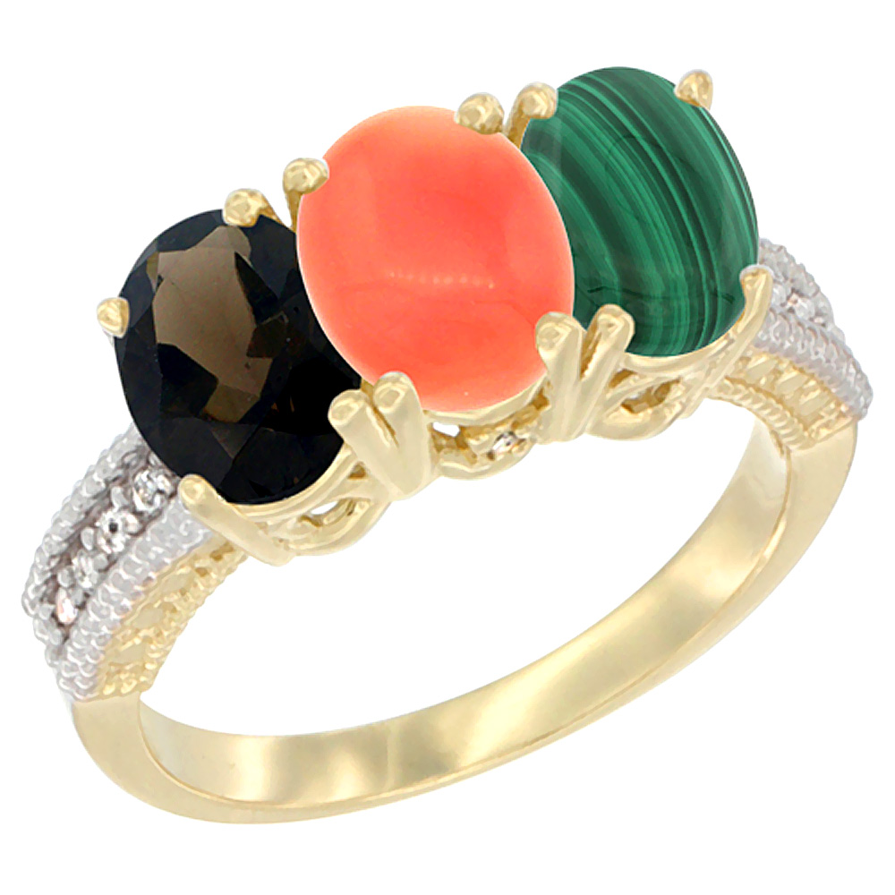 10K Yellow Gold Diamond Natural Smoky Topaz, Coral & Malachite Ring 3-Stone 7x5 mm Oval, sizes 5 - 10