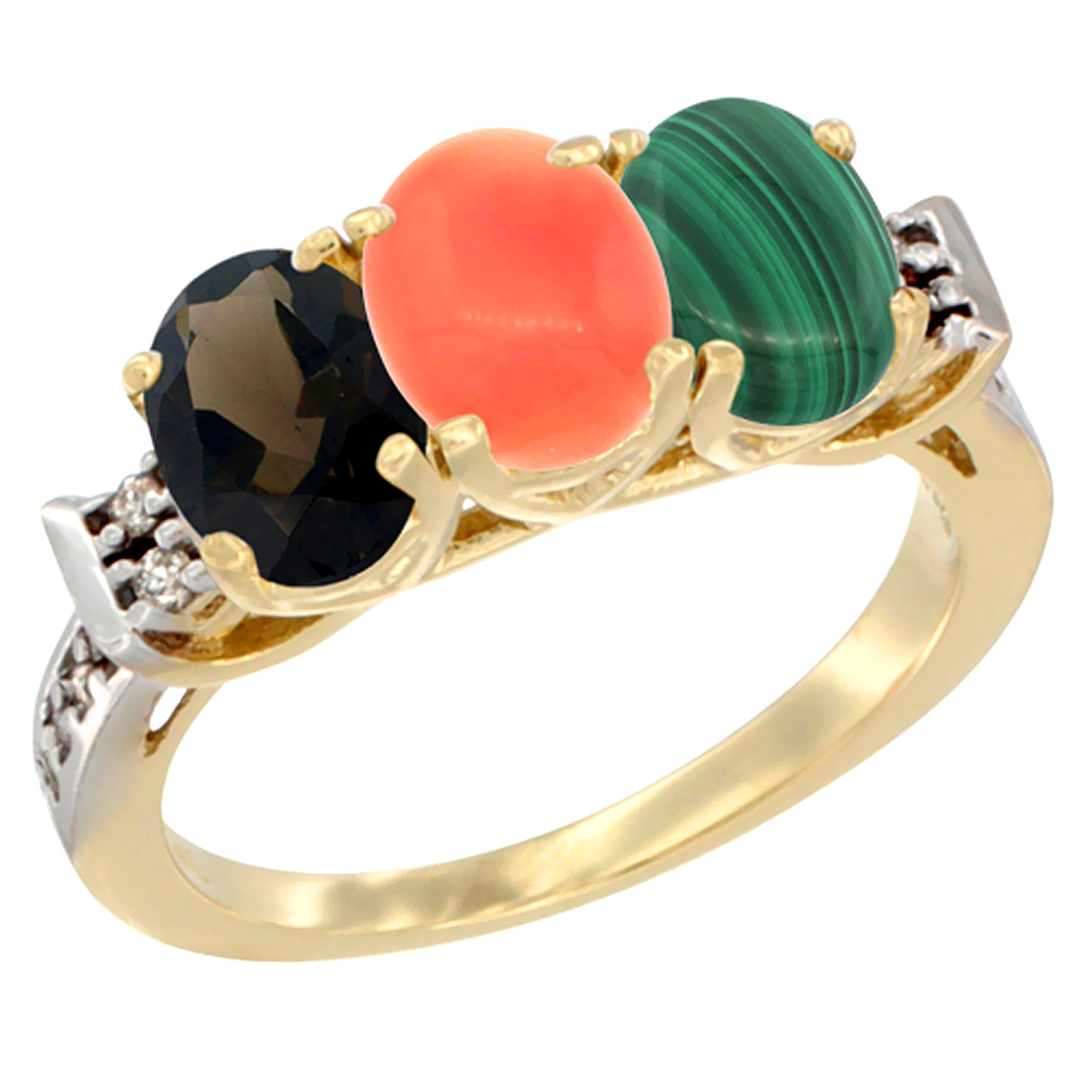 10K Yellow Gold Natural Smoky Topaz, Coral & Malachite Ring 3-Stone Oval 7x5 mm Diamond Accent, sizes 5 - 10